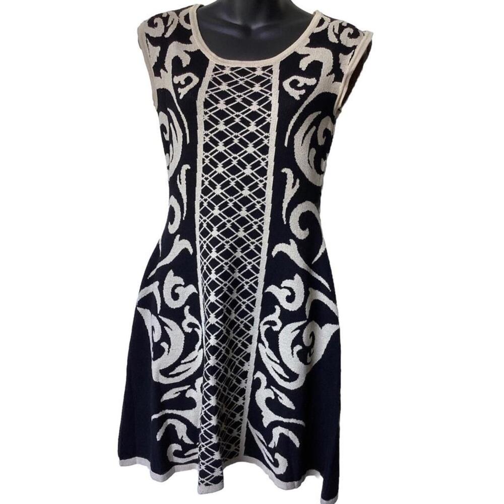 Pink Rose Petite Sleeveless Knit Fit & Flare Dress PS Black Beige Patterned Soft